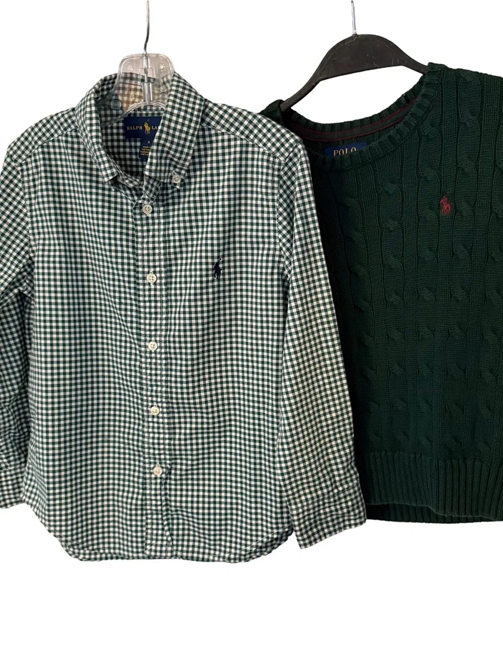 Polo Ralph Lauren Boys 2 PCS Set Green Cable Knit & Checkered Shirt Sz 5